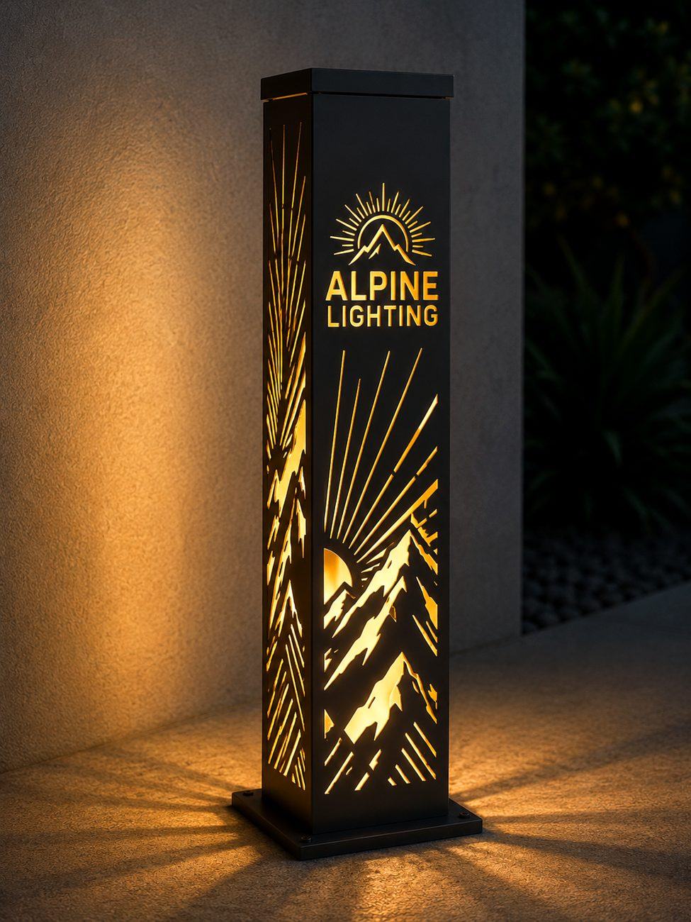 Totem lumineux sur-mesure gravé du logo Alpine Lighting, montagne rétroéclairée